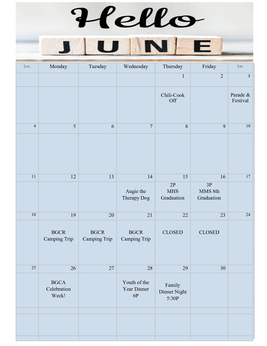 McKinleyville Teen Center's Calendar