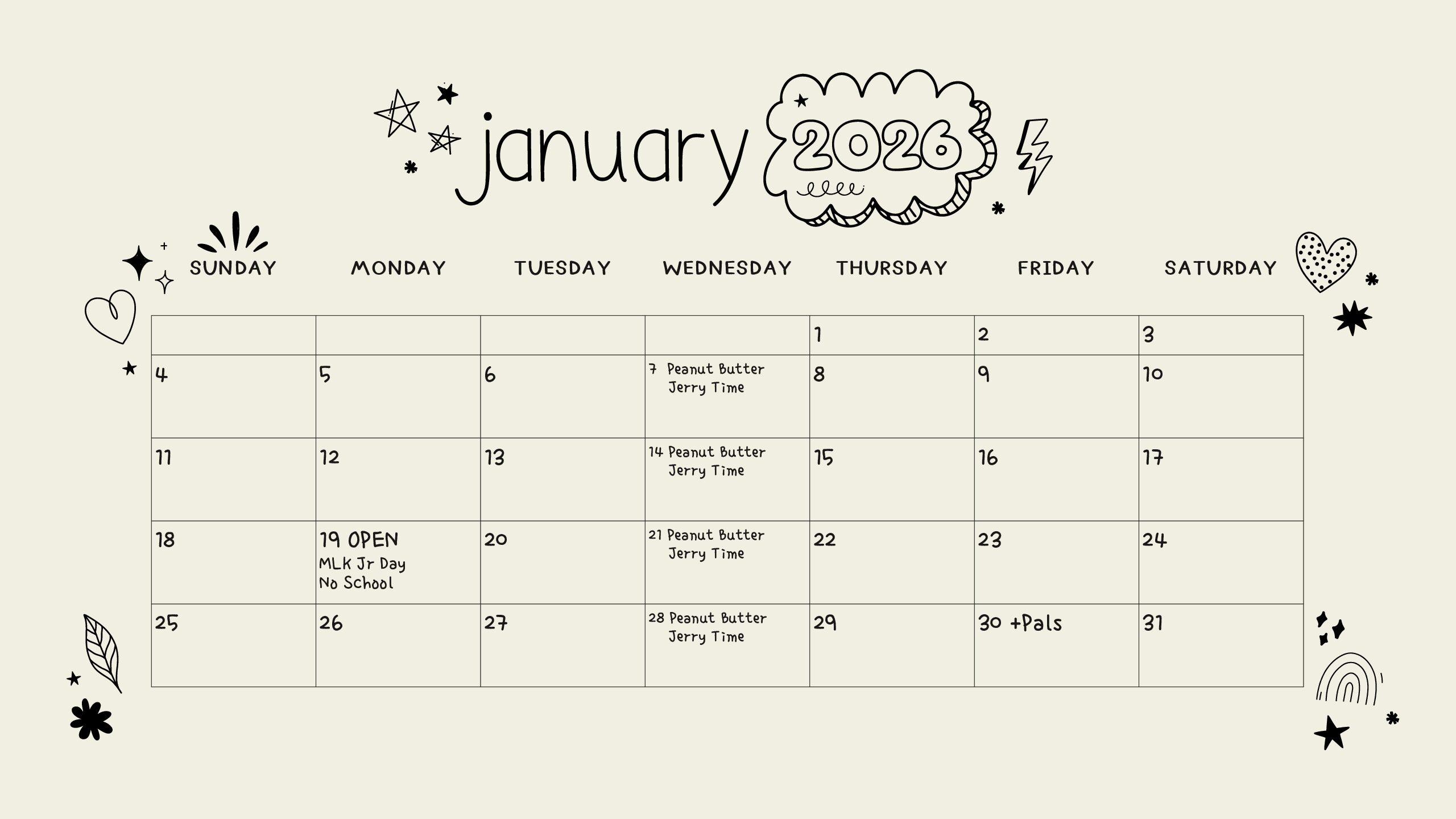 PU January 2026 Calendar